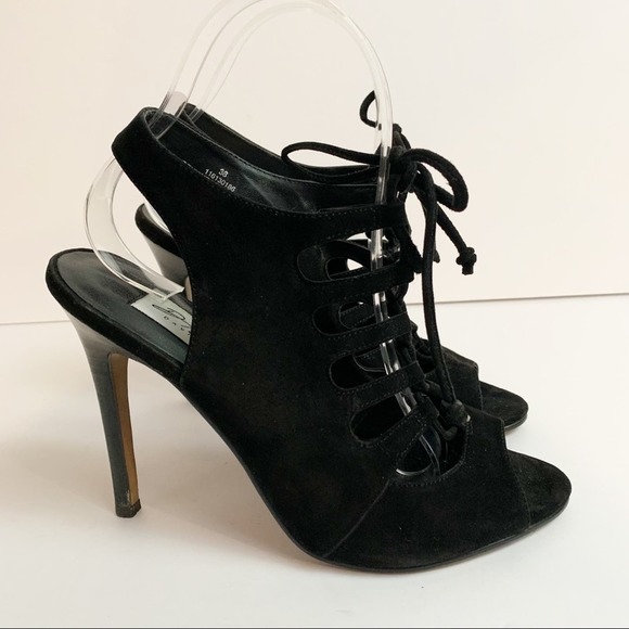 David Dixon Black Velvet Tie Up Front Cage Heel Women’s Size 7 - Picture 8 of 13